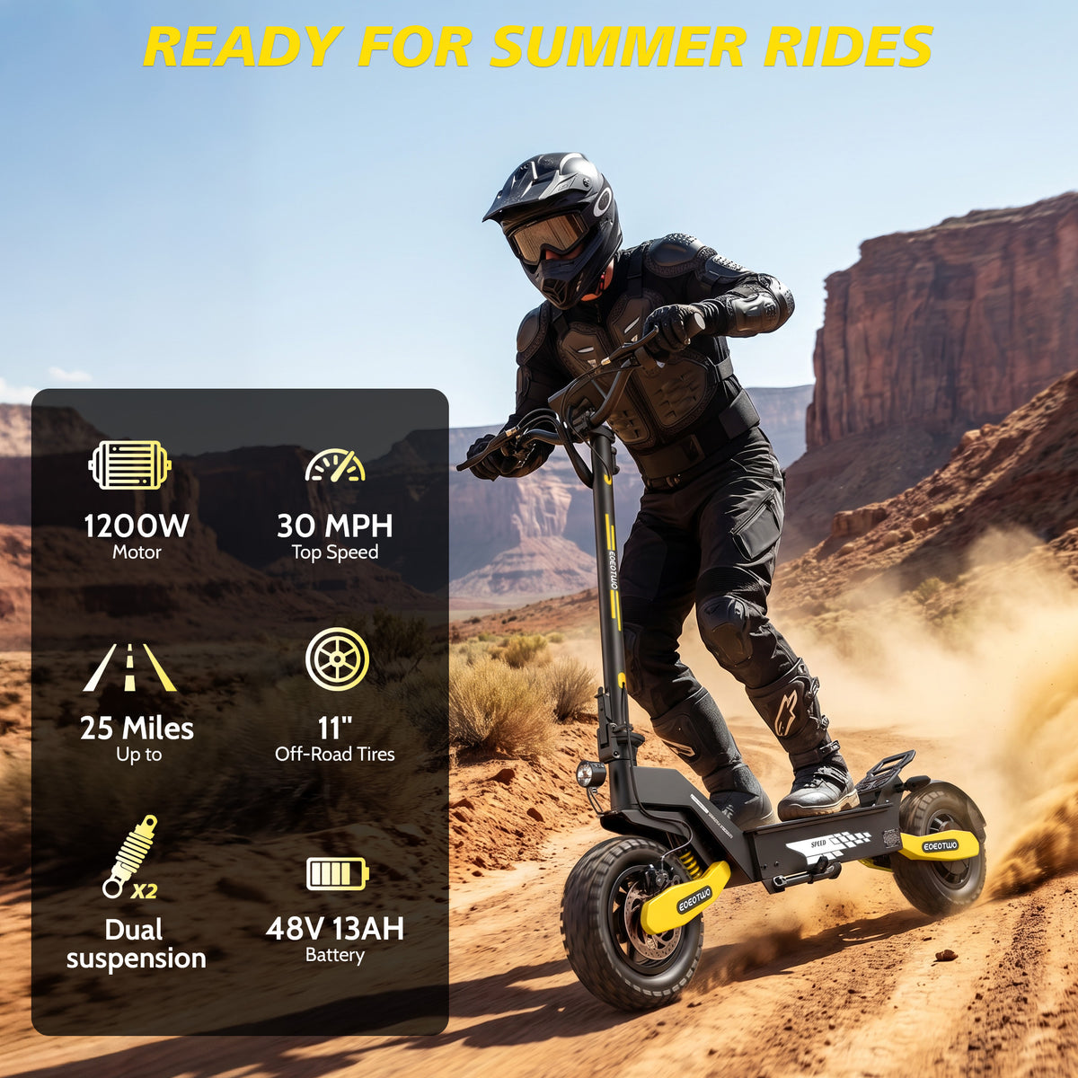 Rider taking the 1200W off-road electric scooter through desert terrain, with motor and top speed spec callouts