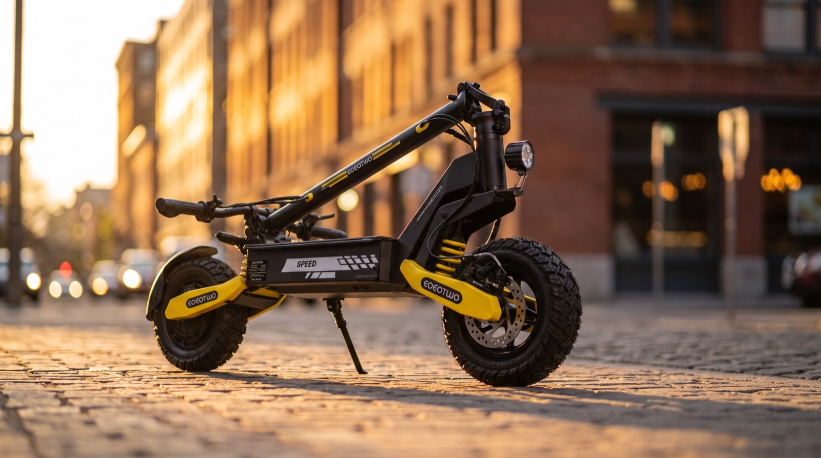 Scooter parked on a city street at golden hour
