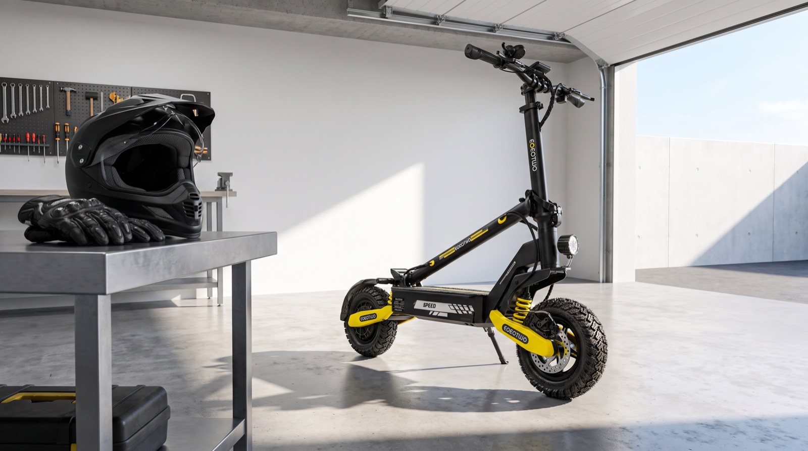 Scooter parked in a garage, ready to ride
